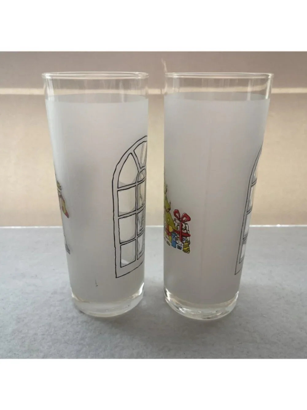 Christmas Frosted Highball Tumblers Window Scene Glasses Set Portugal Vintage